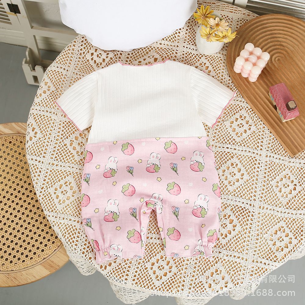 Baby girl summer short-sleeve strawberry romper - faux two-piece infant bodysuit - newborn outfit