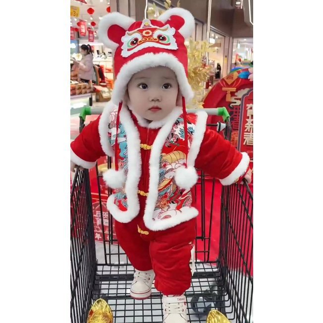 Baby new year's day outfit festive onesie baby winter clothes red hundred days first birthday dress fleece-linedthickened new year clothes
