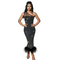 C6666 cross-border   fashion women's one-shoulder mesh rhinestone feather bandage dress