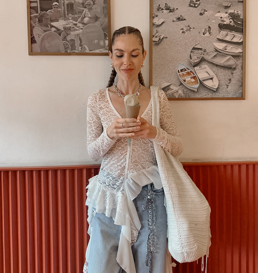 Cross-border French Bohemian Lace Cardigan Top Women's 2025 Summer Design V-Neck Long Sleeve Women's Shirt