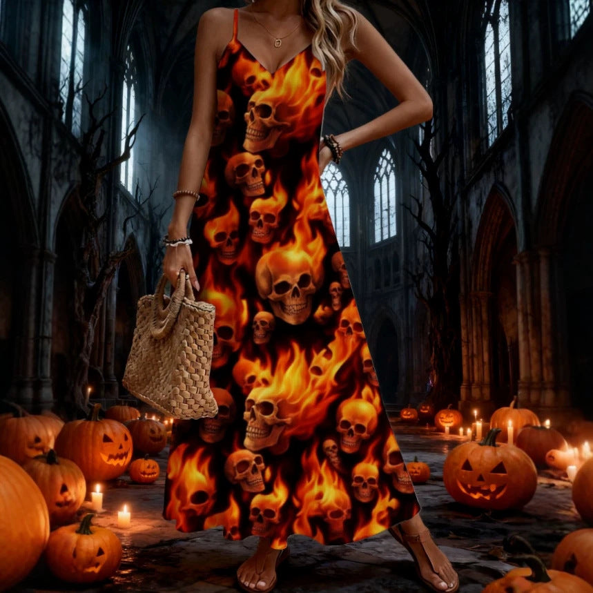 halloween pattern printing longdressv neckloose vacation suspender skirt