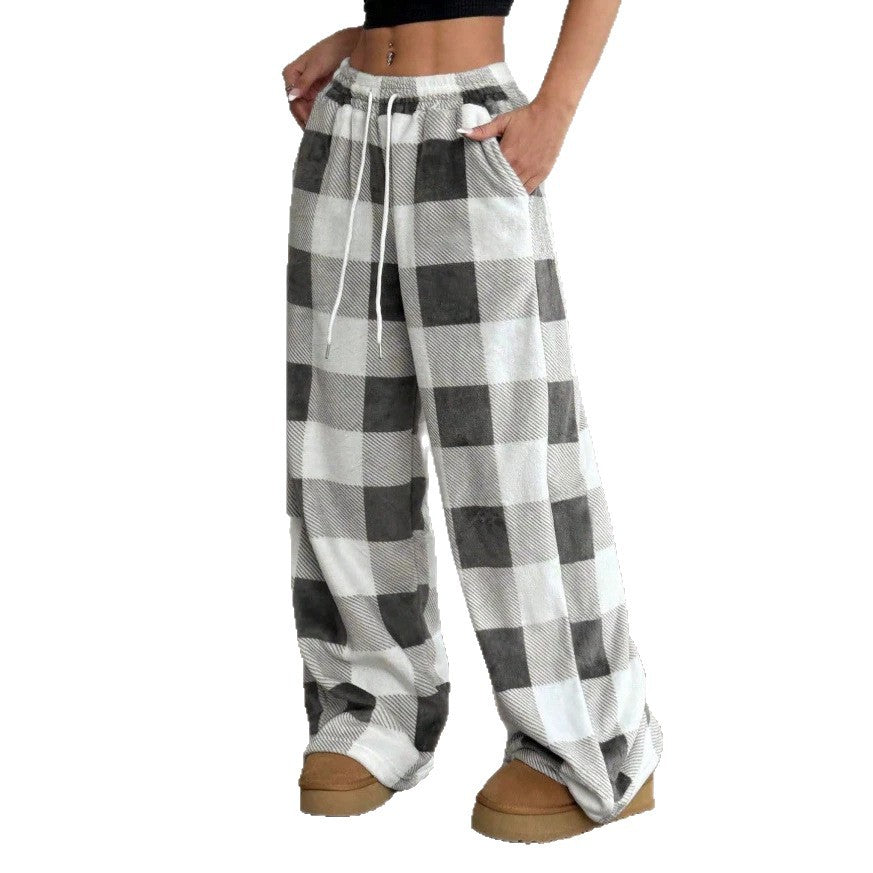 Amazon  cross-border american style wide-leg pants for women, new summer lightweight plaid print straight-leg casual pants