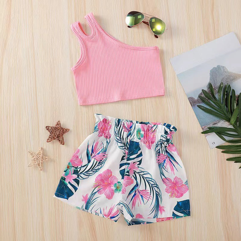 Girls' summer outfit: sleeveless camisole top + floral print shorts set - european & american style