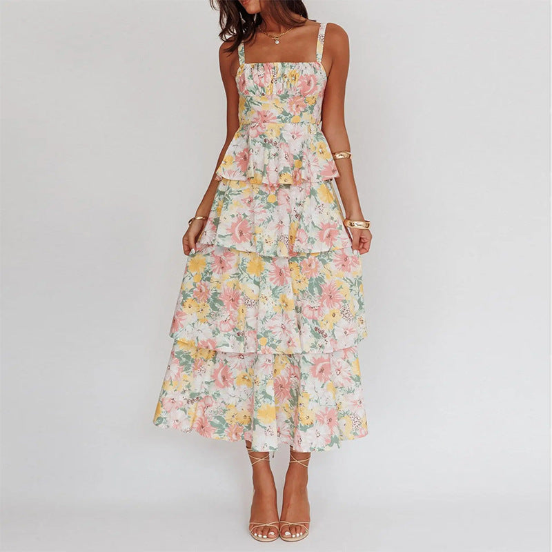 european and american export women's clothing cross-border dress summer fashion fresh floral suspender cake dress long dress