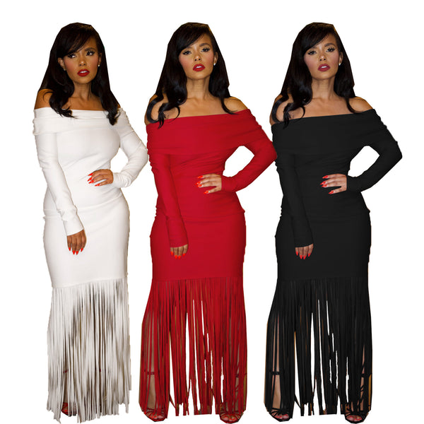 TW604 European and American sexy one-word shoulder temperament slim tassel hip-wrapped long-sleeved off-the-shoulder chest-wrapped evening dress dress