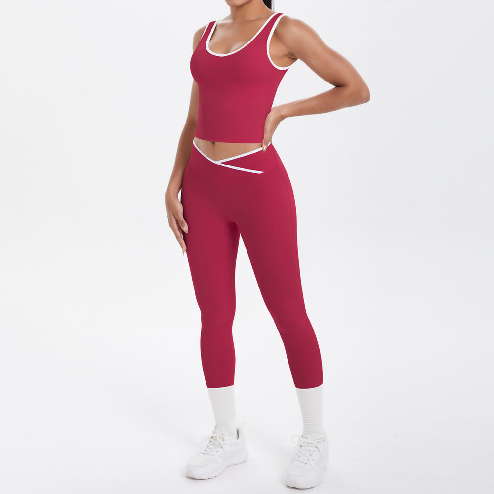 popular double-sided brushed contrast color tight breathable cross yoga suit sports running fitness two-piece set
