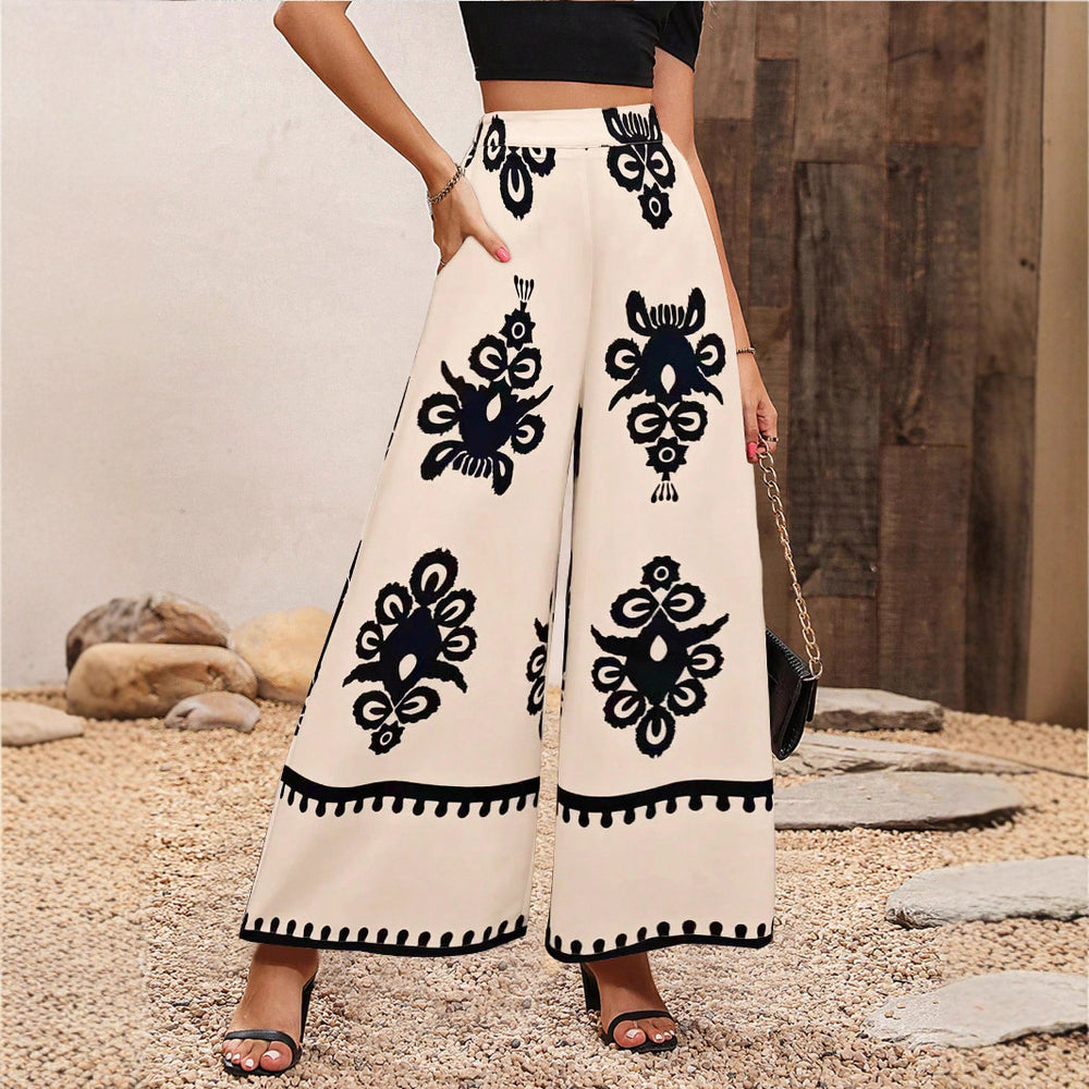 Amazon summer new chiffon leaf print casual pants elegant high waist wide leg pants women's summer wide leg trousers