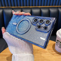 Rhinestone-embellished magnetic glitter case for samsung s25 ultra, s26 plus, with diamond-studded lens protector and a16 case