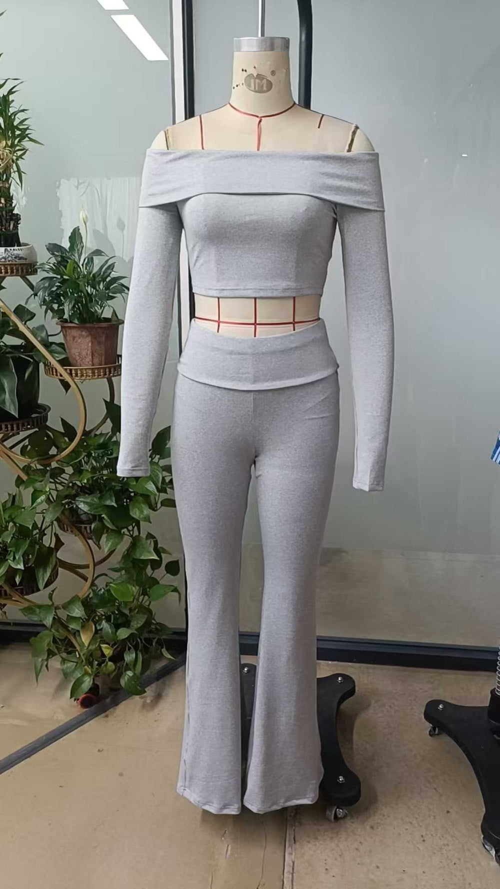 Tk  cross-border new arrival: off-the-shoulder long sleeve bodycon top and maxi pants two-piece set