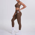 fashion double-sided brocade brushed single oblique shoulder yoga suit sports running fitness flap pocket pants pants two-piece set