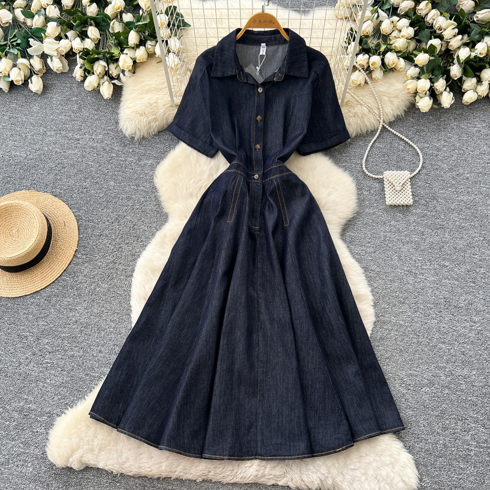 Retro denim style lapel short sleeve a-line dress women's early spring k-style waist slimming lookelegantwork clothing skirt