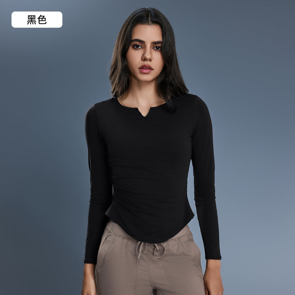 Women's v-neck stretch slim-fit yoga top for autumn - includes bra pads, long sleeve fitness t-shirt d25175
