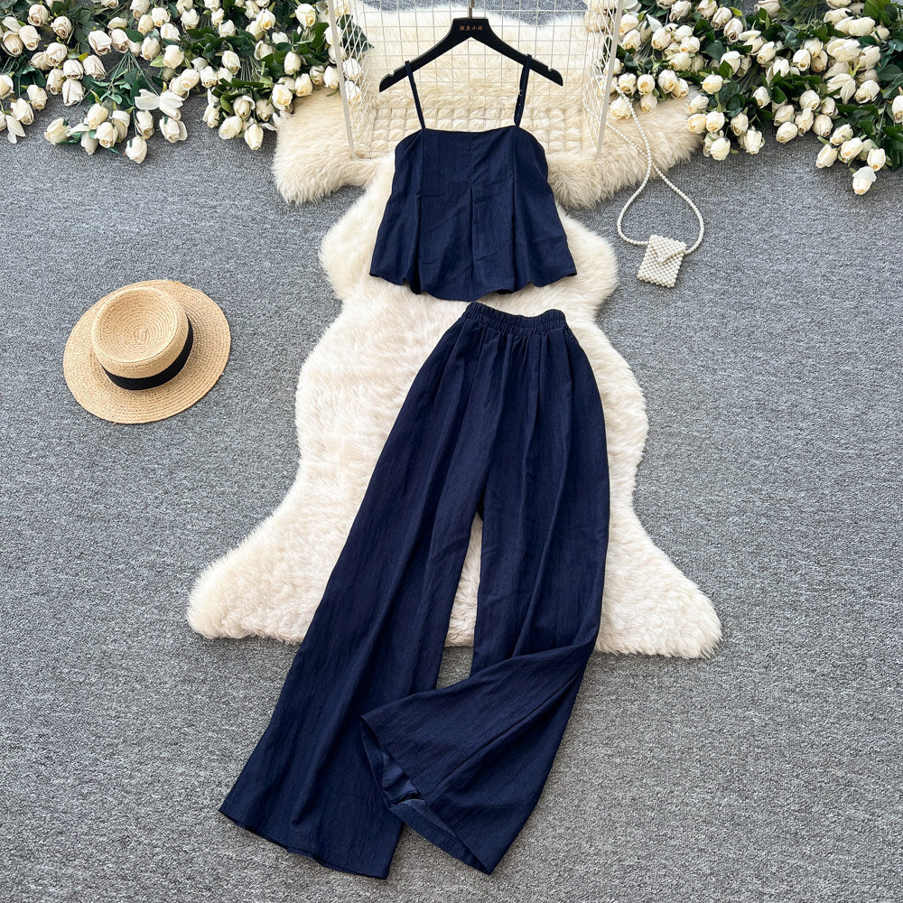 Minimalist cami top & wide-leg pants set - women's summer sleeveless chic outfit - effortless & sophisticated workwear