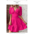 Shipped:  summer new women's slim-fit v-neck bubble sleeve solid color midi dress