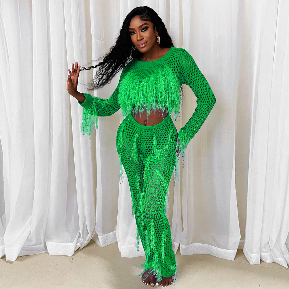 supply new arrival european and american clothing sexy imitation mink hair handmade tassel knittingcut outseparates jumpsuit