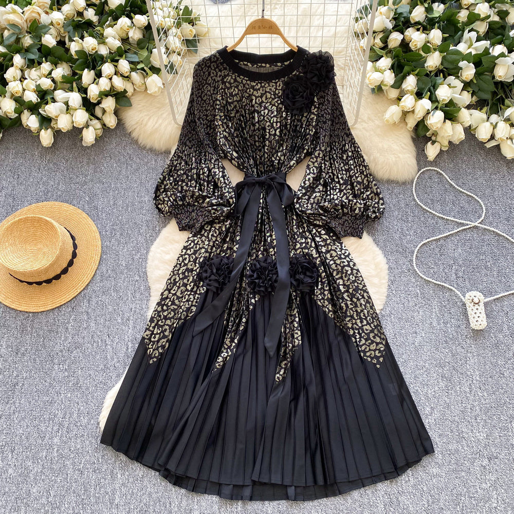 Palace style classyprinting lantern sleeve dress women's spring strap stereo flower pleated super fairy long skirt