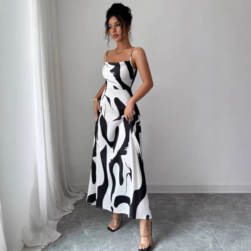 foreign trade  summer new european and american style geometric printing vacation sexy suspender skirt side slit one-step skirt
