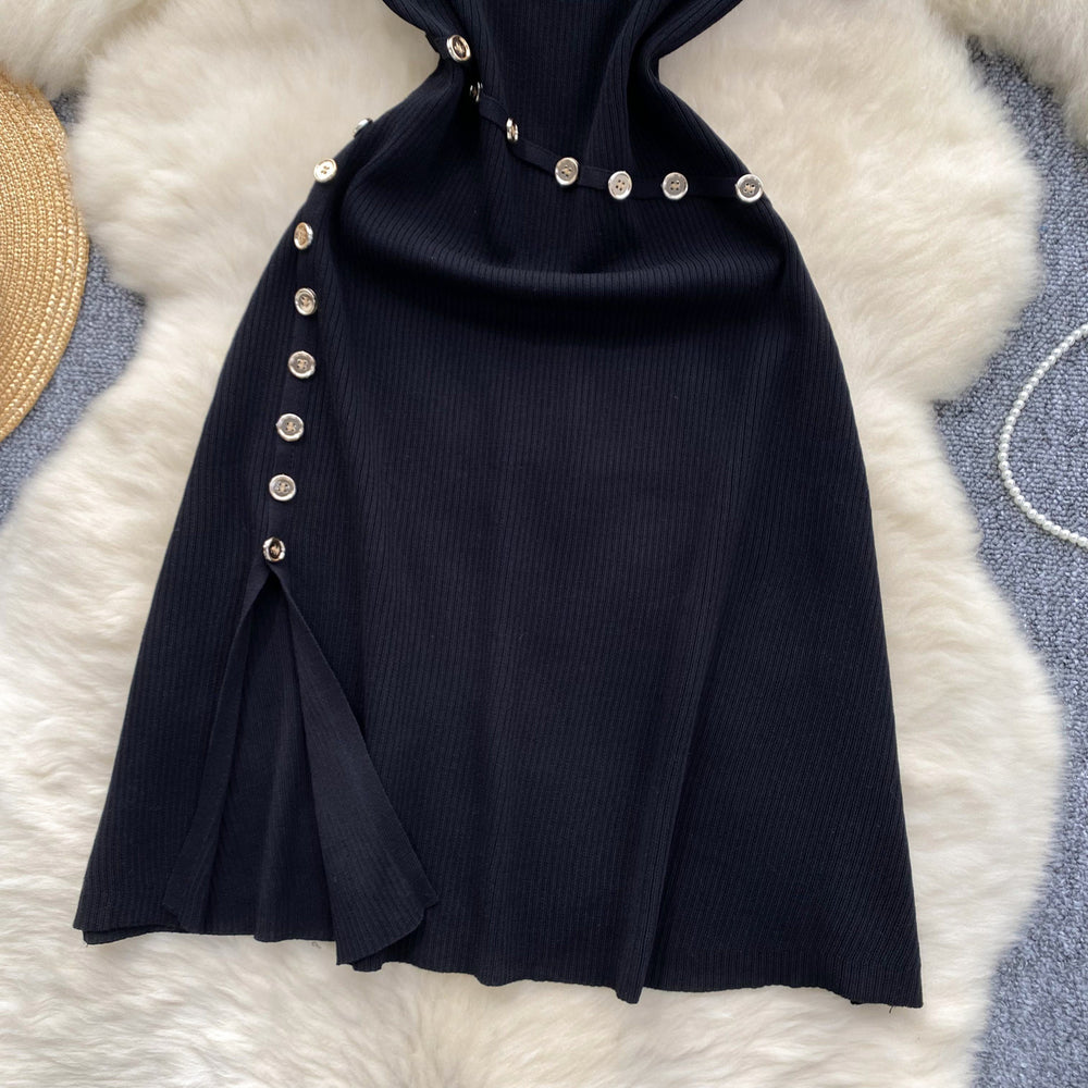Elegant semi-high neck short sleeve dress - women's designer knit midi dress with button detail, cinched waist, and slit hem for a slimming silhouette