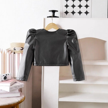 Girls' black cropped pu leather jacket - round neck, long sleeve, new autumn/winter style with puff sleeves