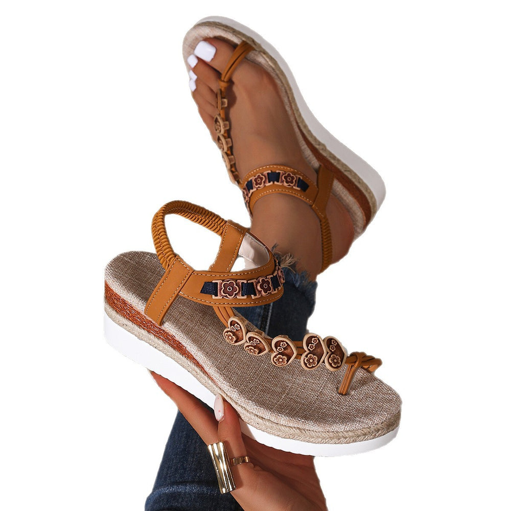New arrival: plus size bohemian beaded thong sandals - women's ethnic style wedge heel hemp rope braided platform sandals