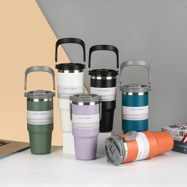 Cross-border stainless steel thermos cup Double-layer car large-capacity car cup Portable portable straw Double drinking cup