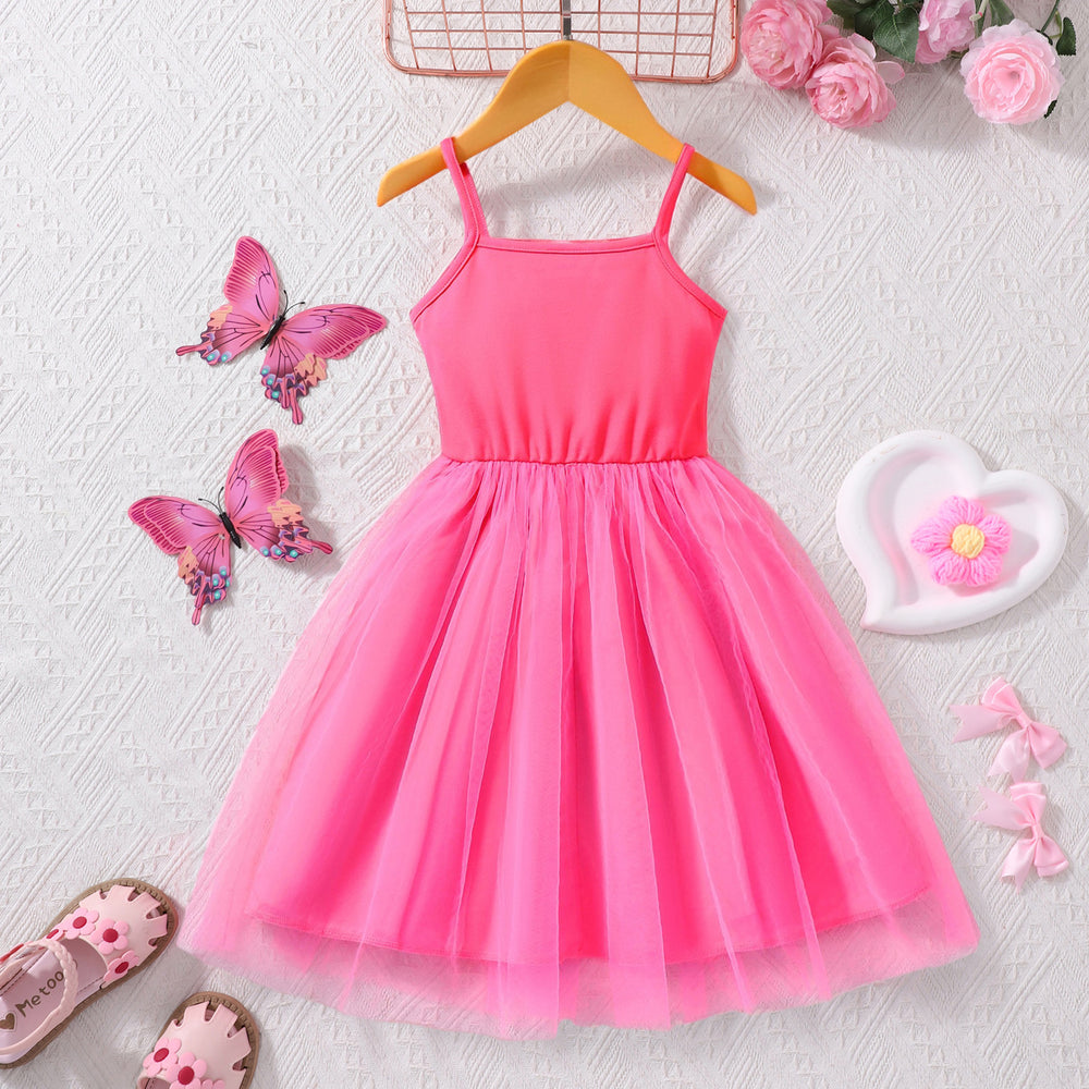 Girls' solid color camisole dress with mesh overlay (toddler/child)