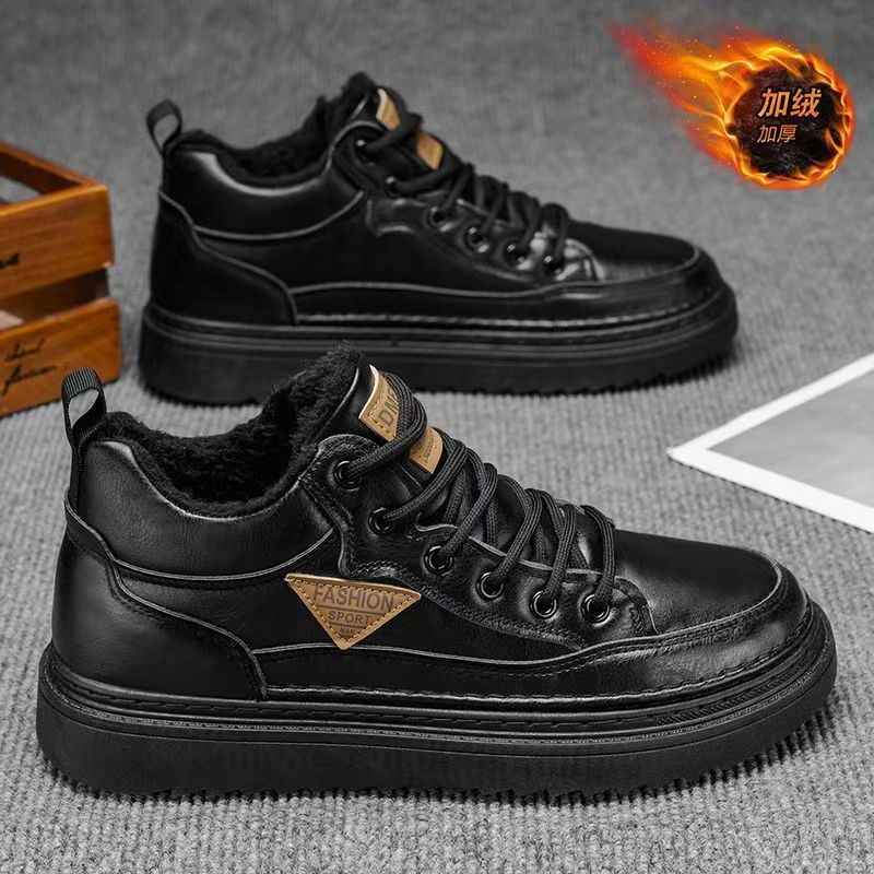 Fleece-lined men's shoes 2025new arrival autumn winter high-top sneakers men's leather heattechthickened cotton shoes low-top boots