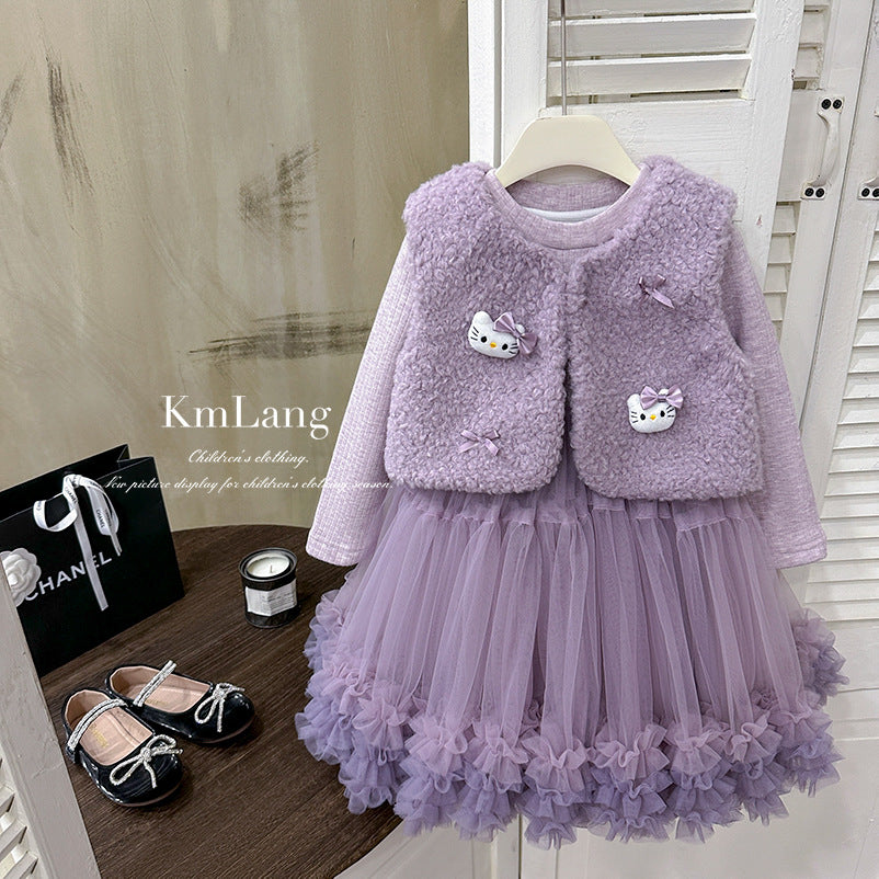 【in stock】girls' outfit  winter new arrival: hello kitty plush vest & fleece tulle skirt sweet princess two-piece set