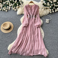 French retro red v-neck lantern sleeve beaded dress - women's slimming, figure-flattering, elegant, and flowy maxi dress