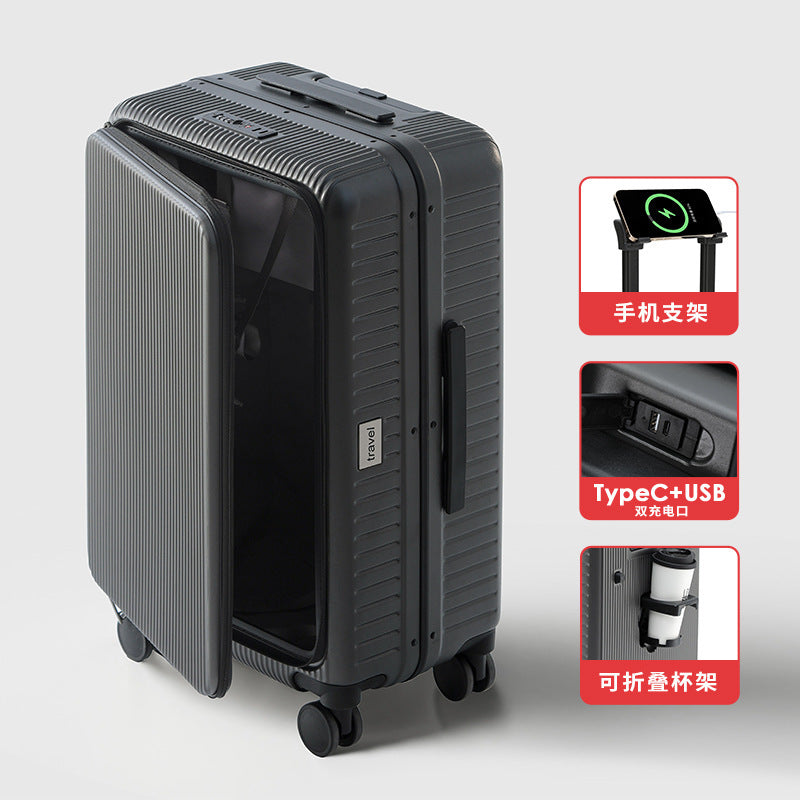 Side open lid luggage female double zipper 2025 front open suitcase trolley case password case boarding case