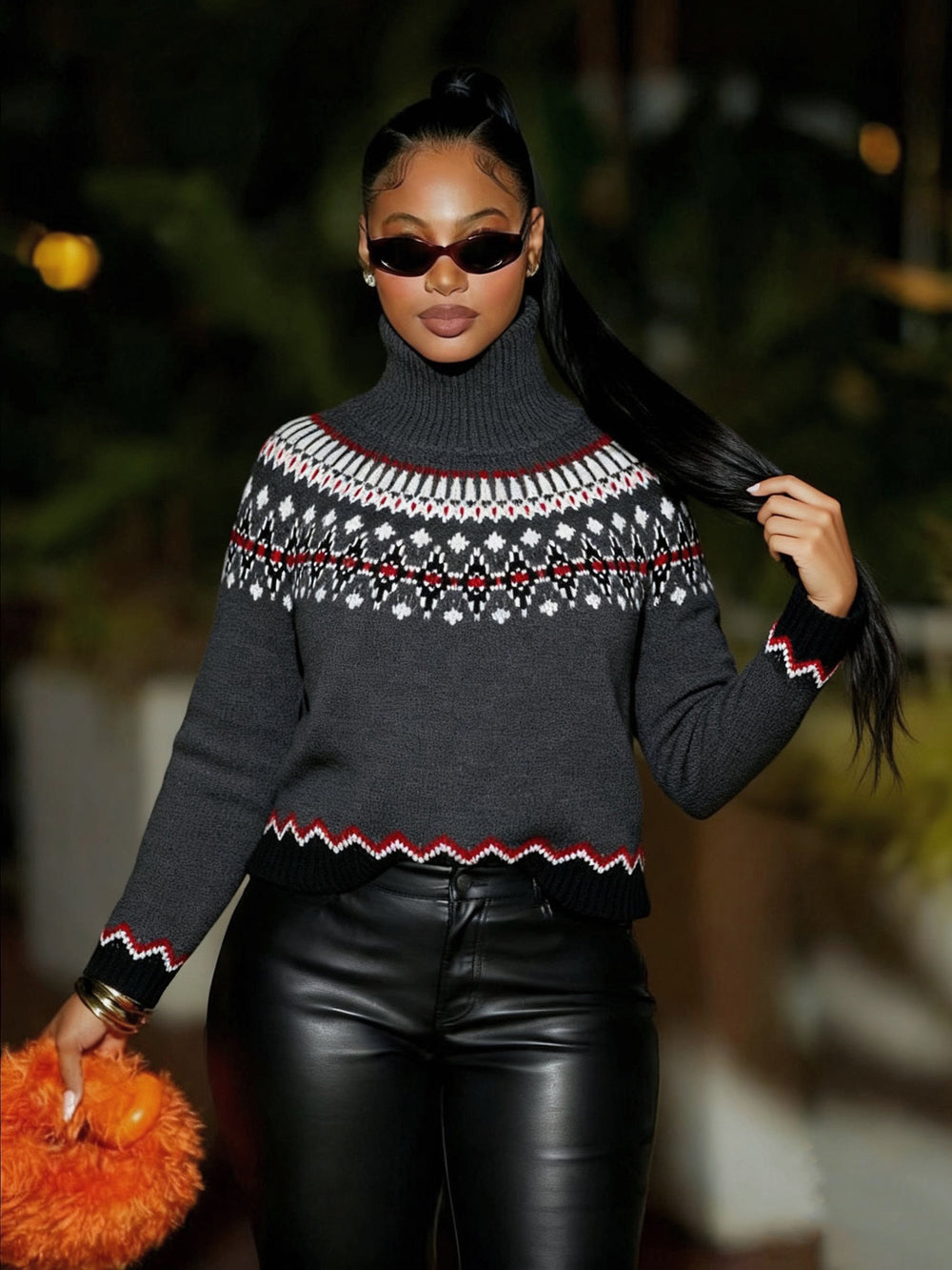fall/winter high neck jacquard sweater - european & american retro color block ethnic style knit top - fashionable, loose fit, warm top