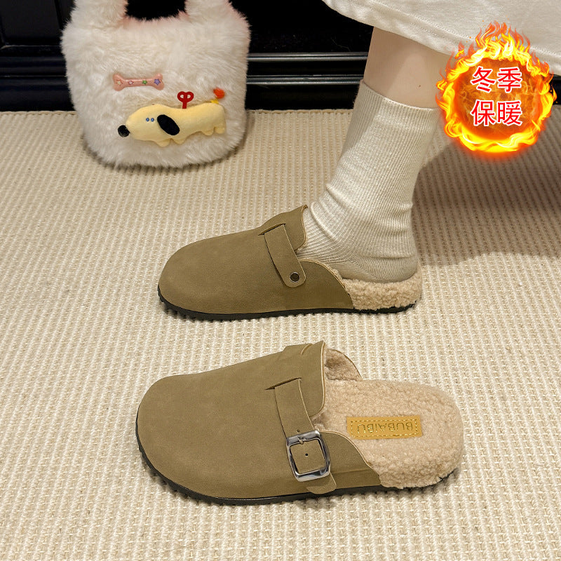New arrival shows feet small birkenstock fleece-lined lazy half slippers for women winterthick soleoutwear birkenstock furry cotton slippers