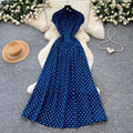 Vintage red short-sleeve polka dot dress - a versatile summer staple: high-waisted a-line, work-ready, slimming maxi dress