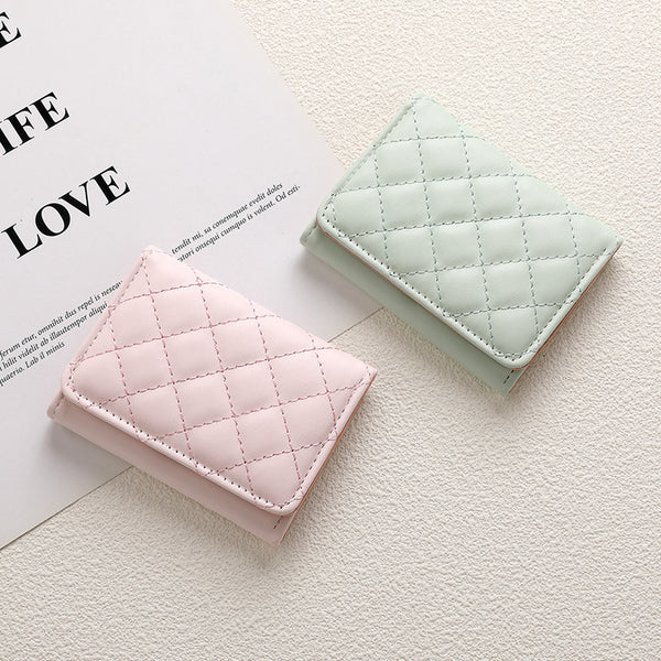 Rhombus three fold wallet Korean version cute lady card bag fashionable embroidery thread short multi-card change bag wallet