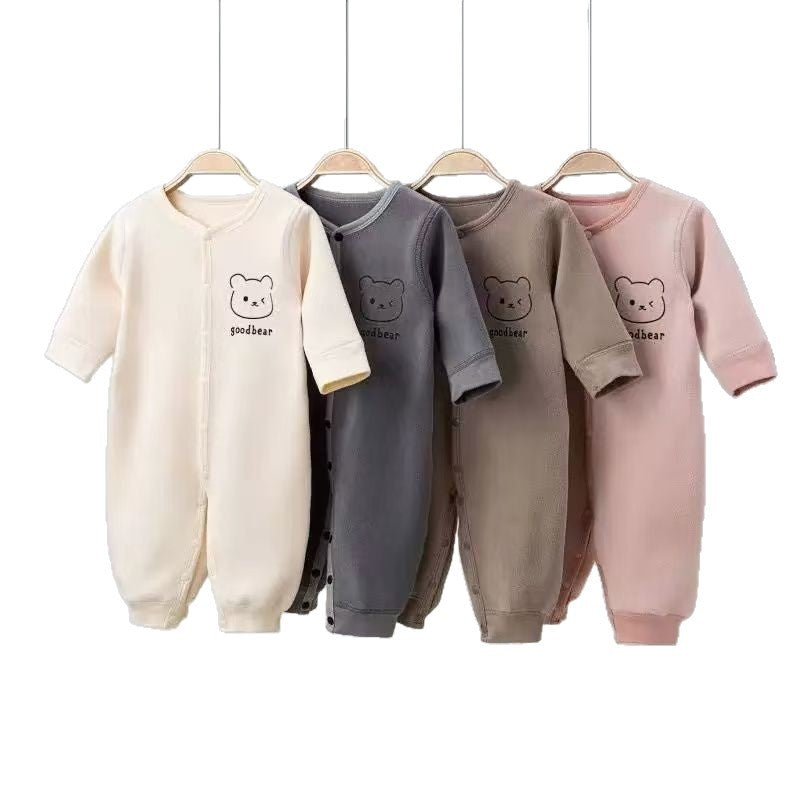 Men's and women's long sleeves baby outing clothes rompers fall and winter baby heattech jumpsuit cartoon fleece-lined khaki kids clothes