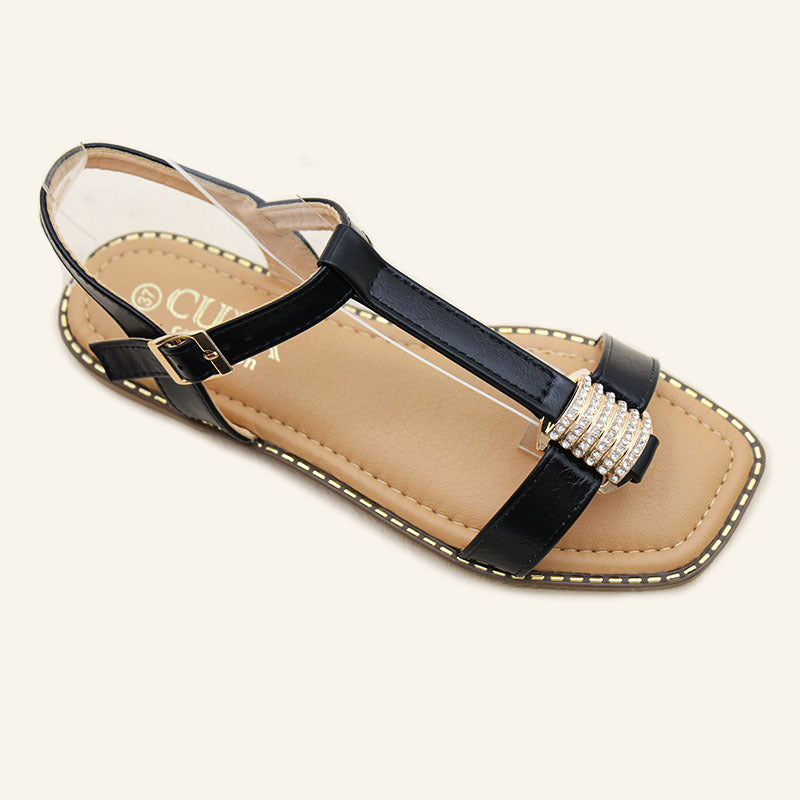 Wholesale spot fashion rhinestone buckle with sandals flat comfortable shoes non-slip wear-resistant sandals