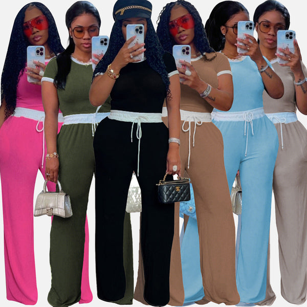 M3152 Cross-border European and American women's clothing casual street daily rib contrasting color round neck short-sleeved pants set two-piece set