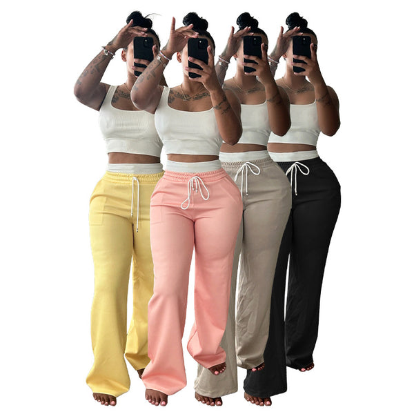 HR25021 European and American women's clothing, new in summer, double waist design high waist wide leg pants set