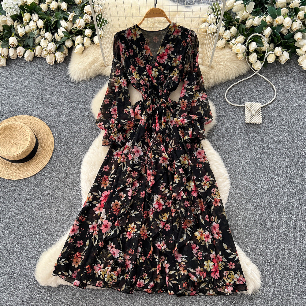 French retro v-neck long sleeve floral chiffon dress - women's  autumn collection - cinched waist, elegant ruffle hem maxi dress