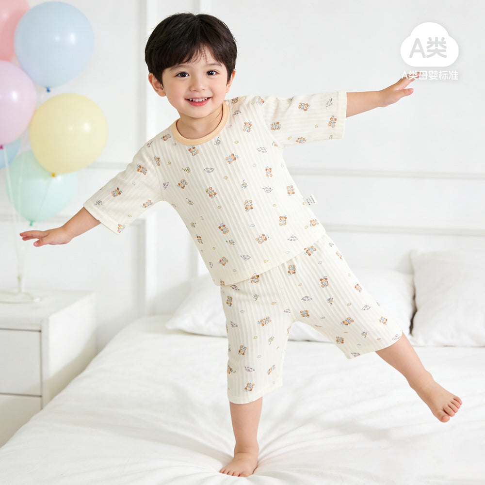 A-grade pure cotton summer lightweight pajamas, kids' loungewear, summer boys' and girls' three-quarter sleeve air conditioning suit, two-piece set