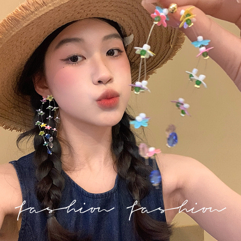 Summer vacation style colorful flower tassel earrings sweet girl slimming look long earrings popular same style jewelry wholesale