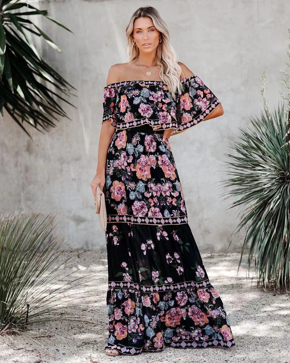 independent station new arrivalfashion spring summer one shoulder red flower printing long swing dress for women