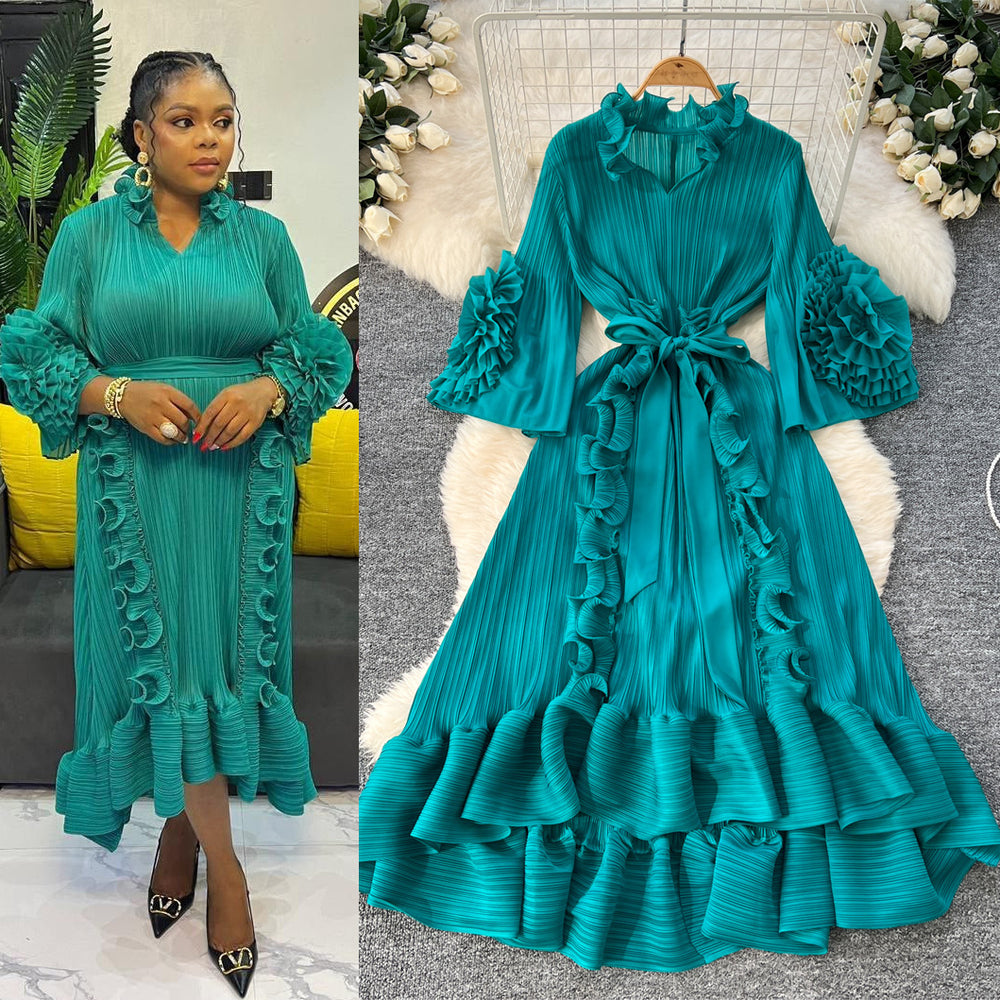 Miya european and american style dress - women's spring collection - high-end, 3d floral design, tie-waist, ruffle hem, pleated maxi dress