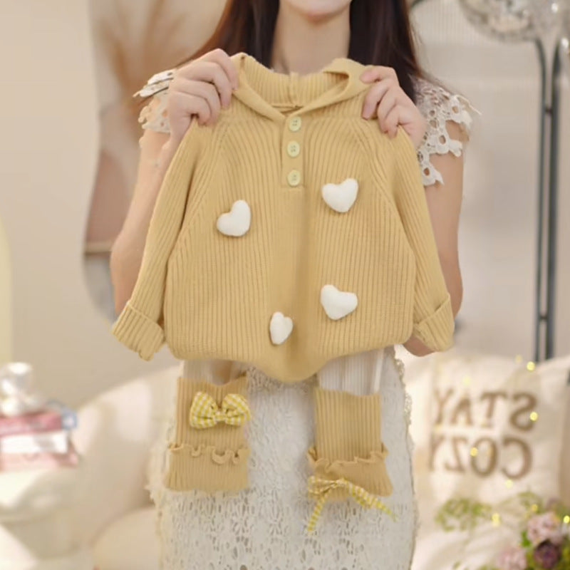 Girls' outfit set -  autumn/winter collection: stylish heart-hooded sweater (yellow top) & bow-tie leggings two-piece set