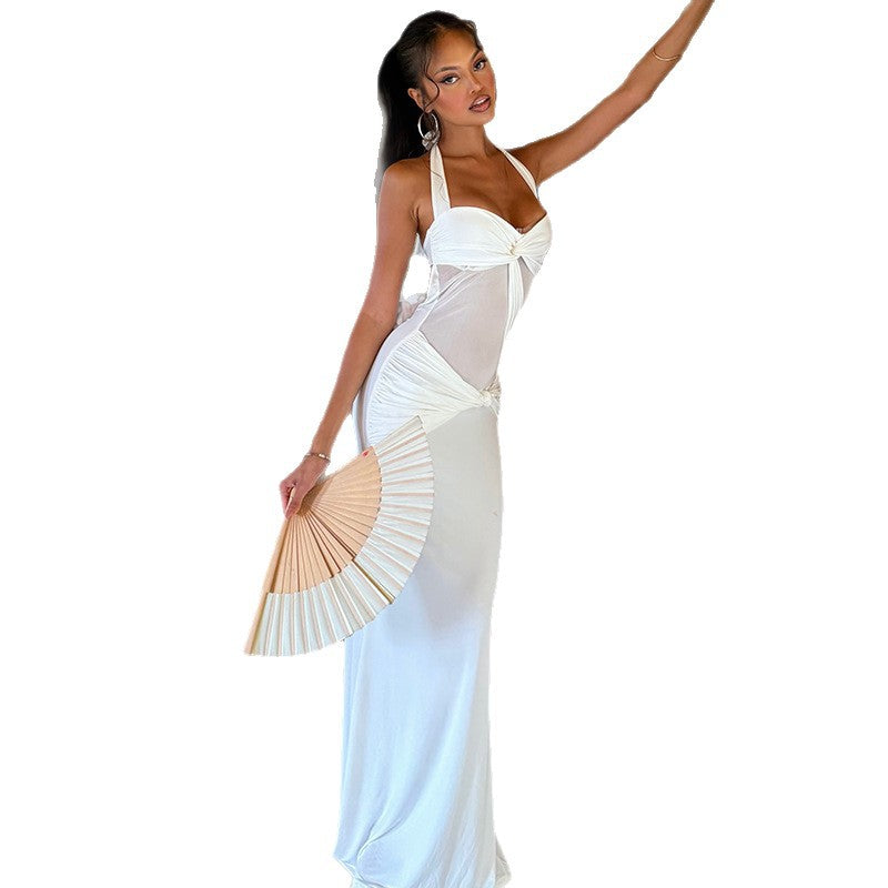 European and american style cross-border vacation solid color women's micro-stretch tie-neck bodycon mini dress sexy mesh home wear maxi dress