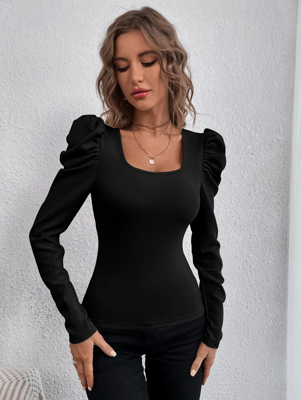 european and american women's fashion square neck slim fit bell sleeve knitted long sleeve t-shirt - in stock for workwear