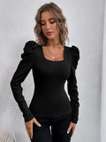 european and american women's fashion square neck slim fit bell sleeve knitted long sleeve t-shirt - in stock for workwear