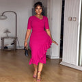 European and american women's clothing  autumn new collection: sweet and fresh asymmetrical neckline short sleeve high-waisted ruffle hem bodycon midi dress