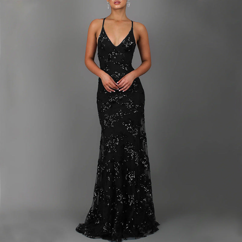 new arrival: cross-border european & american women's clothing -  &  dress: spaghetti strap v-neck backless sequin tie-up gown