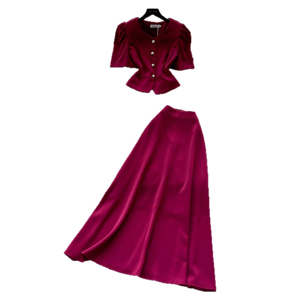 Luxury chic wine red puff sleeve top and high-waisted maxi skirt two-piece set - women's summer commute outfit, slim fit and figure-flattering